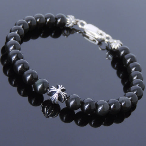 Mens Women Black Obsidian Sterling Silver Bracelet 925 Cross Beads DiyNotion Handmade BR497