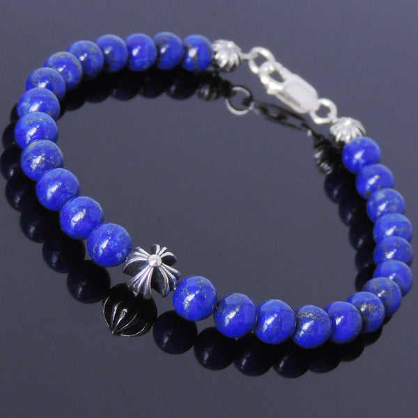 Mens Women Lapis Lazuli Sterling Silver Bracelet 925 Cross Beads DiyNotion Handmade BR498