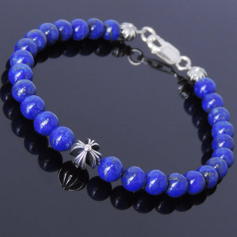 Mens Women Lapis Lazuli Sterling Silver Bracelet 925 Cross Beads DiyNotion Handmade BR498