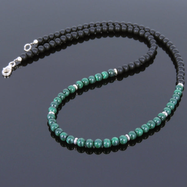 Men's Women Malachite Matte Black Onyx Sterling Silver Necklace Gemstone 925 Spacers Clasp DiyNoion Handmade NK022