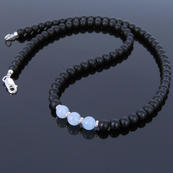 Men's Women Aquamarine Matte Black Onyx Sterling Silver Necklace Gemstone 925 Spacers Clasp DiyNoion Handmade NK026
