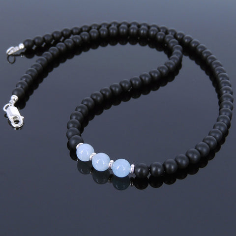 Men's Women Aquamarine Matte Black Onyx Sterling Silver Necklace Gemstone 925 Spacers Clasp DiyNoion Handmade NK026