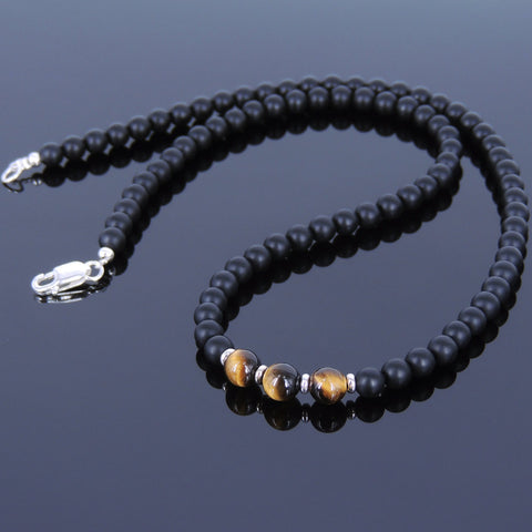 Men's Women Tiger Eye Matte Black Onyx Sterling Silver Necklace Gemstone 925 Spacers Clasp DiyNoion Handmade NK029