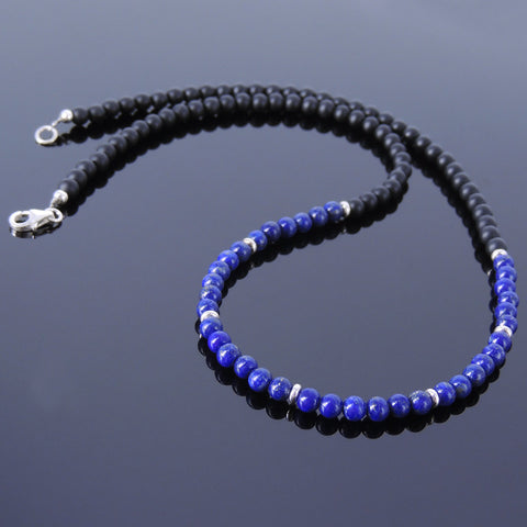 Men's Women Lapis Matte Black Onyx Sterling Silver Necklace Gemstone 925 Spacers Clasp DiyNoion Handmade NK016