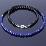 Men's Women Lapis Matte Black Onyx Sterling Silver Necklace Gemstone 925 Spacers Clasp DiyNoion Handmade NK016