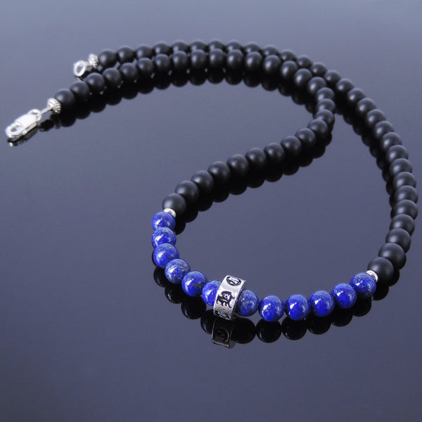 Men's Women Lapis Matte Black Onyx Sterling Silver Necklace Gemstone 925 Celtic Spacers DiyNoion Handmade NK019