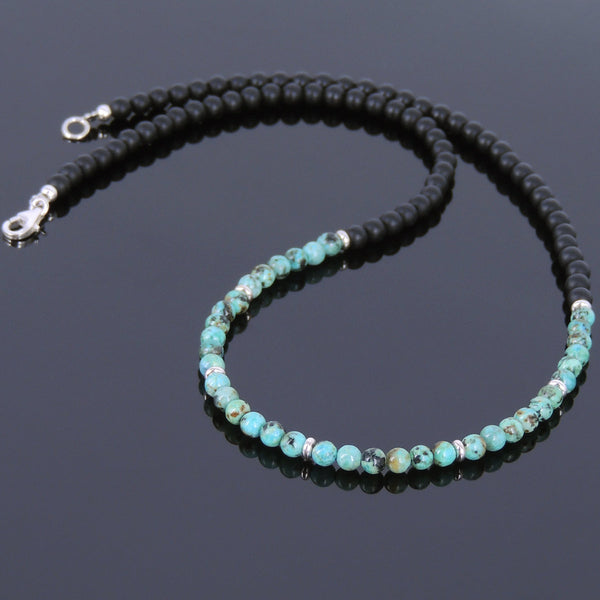 Men's Women Matte Black Onyx African Green Turquoise Sterling Silver Necklace Gemstone 925 Spacers Clasp DiyNoion Handmade NK023