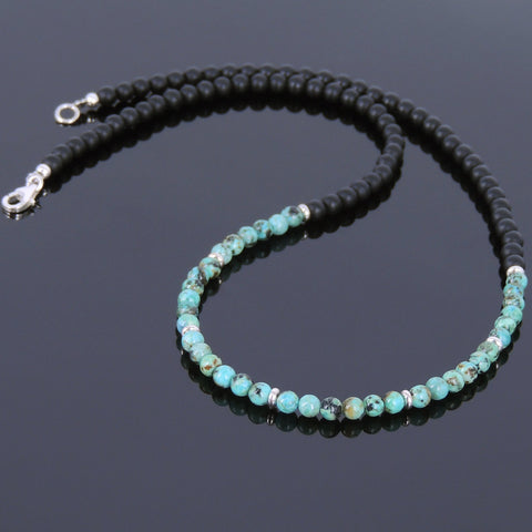 Men's Women Matte Black Onyx African Green Turquoise Sterling Silver Necklace Gemstone 925 Spacers Clasp DiyNoion Handmade NK023