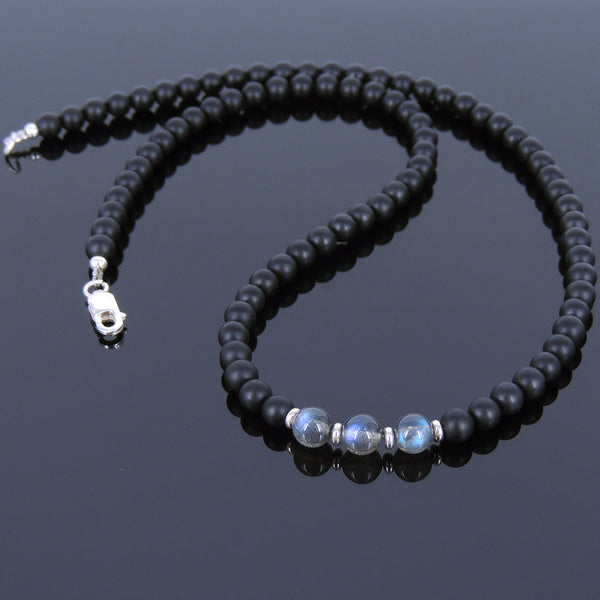 Men's Women Labradorite Matte Black Onyx Sterling Silver Necklace Gemstone 925 Spacers Clasp DiyNoion Handmade NK027