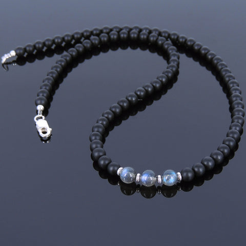 Men's Women Labradorite Matte Black Onyx Sterling Silver Necklace Gemstone 925 Spacers Clasp DiyNoion Handmade NK027