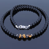 Men's Women Tiger Eye Matte Black Onyx Sterling Silver Necklace Gemstone 925 Spacers Clasp DiyNoion Handmade NK029
