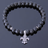 Mens Women Lava Rock Sterling Silver Bracelet 925 Fleur de Lis Pendant DiyNotion Handmade BR501