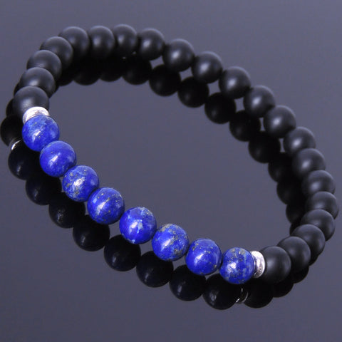 Mens Women Lapis Matte Black Onyx Sterling Silver Bracelet 925 Spacers DiyNotion Handmade BR500