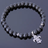 Mens Women Lava Rock Sterling Silver Bracelet 925 Fleur de Lis Pendant DiyNotion Handmade BR501