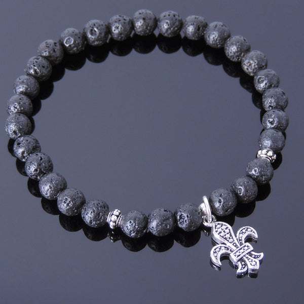 Mens Women Lava Rock Sterling Silver Bracelet 925 Fleur de Lis Pendant DiyNotion Handmade BR501