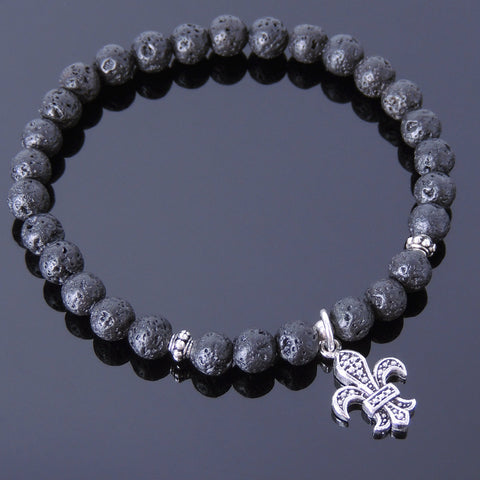 Mens Women Lava Rock Sterling Silver Bracelet 925 Fleur de Lis Pendant DiyNotion Handmade BR501