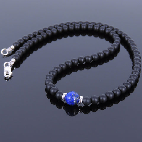 Men's Women Matte Black Onyx Lapis Sterling Silver Necklace Gemstone 925 Spacers Clasp DiyNoion Handmade NK031