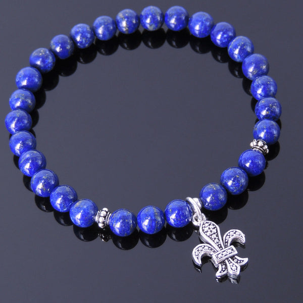 Mens Women Lapis Sterling Silver Bracelet 925 Fleur de Lis Pendant Gemstone DiyNotion Handmade BR502