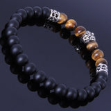 Men's Women Matte Black Onyx Tiger Eye Sterling Silver Skull Bracelet 925 Fleur de Lis Spacer DiyNotion Handmade BR253