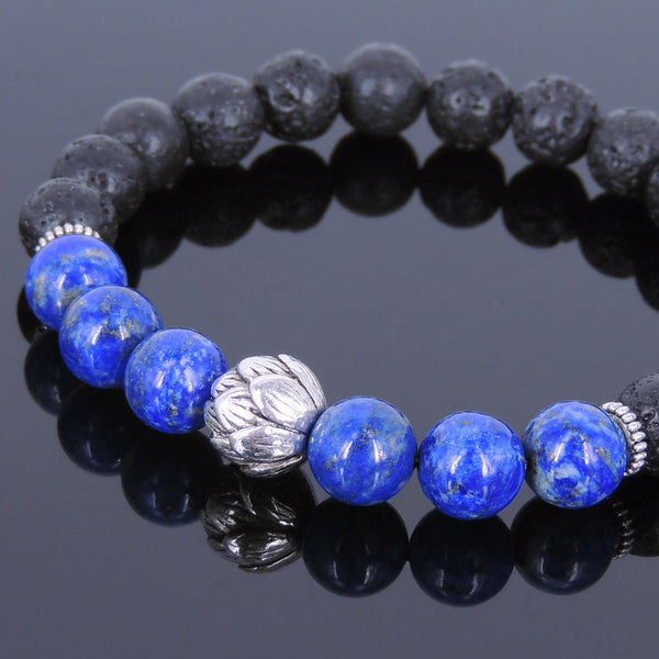 Lava Rock Lapis Tibetan Silver Bracelet Lotus Bead Yoga Mala for Men Women DiyNotion Handmade T074