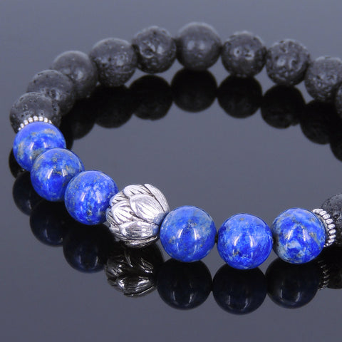 Lava Rock Lapis Tibetan Silver Bracelet Lotus Bead Yoga Mala for Men Women DiyNotion Handmade T074