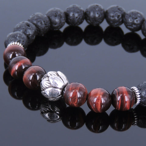 Lava Rock Red Tiger Eye Tibetan Silver Bracelet Lotus Bead Yoga Mala for Men Women DiyNotion Handmade T076
