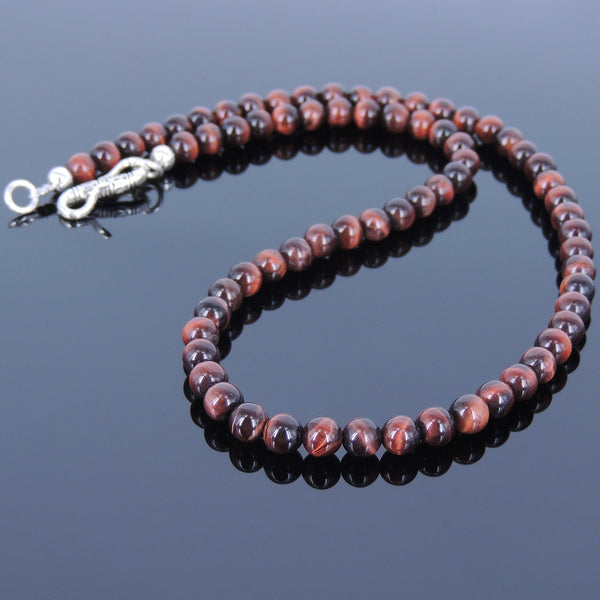 Men's Women Red Tiger Eye Sterling Silver Necklace Gemstone 925 Beads Clasp DiyNoion Handmade NK036