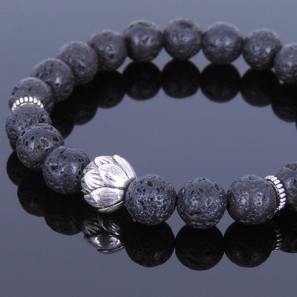 Lava Rock Tibetan Silver Bracelet Lotus Bead Yoga Mala for Men Women DiyNotion Handmade T071