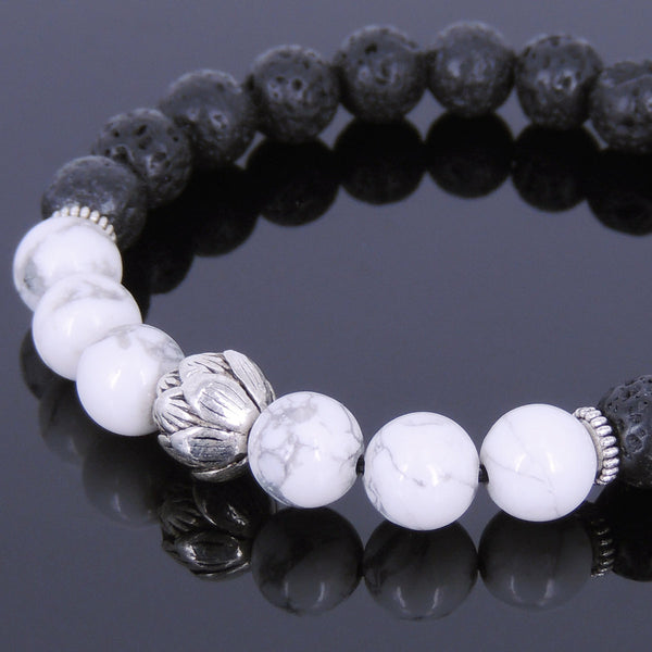 Lava Rock White Howlite Tibetan Silver Bracelet Lotus Bead Yoga Mala for Men Women DiyNotion Handmade T072