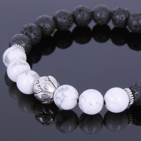 Lava Rock White Howlite Tibetan Silver Bracelet Lotus Bead Yoga Mala for Men Women DiyNotion Handmade T072