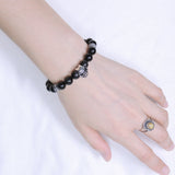 Men's Women Black Obsidian Sterling Silver Skull Bracelet 925 Cross Spacer DiyNotion Handmade BR503