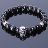 Men's Women Black Obsidian Sterling Silver Skull Bracelet 925 Cross Spacer DiyNotion Handmade BR503