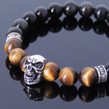 Men's Women Black Obsidian Tiger Eye Sterling Silver Skull Bracelet 925 Cross Spacer DiyNotion Handmade BR504