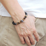 Men's Women Black Obsidian Tiger Eye Sterling Silver Skull Bracelet 925 Cross Spacer DiyNotion Handmade BR504