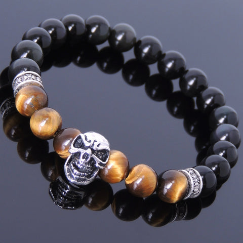 Men's Women Black Obsidian Tiger Eye Sterling Silver Skull Bracelet 925 Cross Spacer DiyNotion Handmade BR504