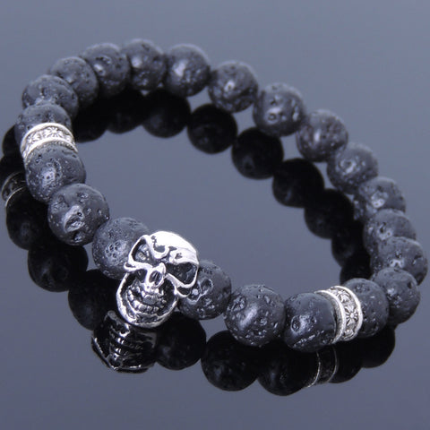 Men's Women Lava Rock Sterling Silver Skull Bracelet 925 Cross Spacer DiyNotion Handmade BR505