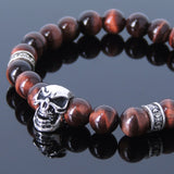 Men's Women Red Tiger Eye Sterling Silver Skull Bracelet 925 Cross Spacer DiyNotion Handmade BR506