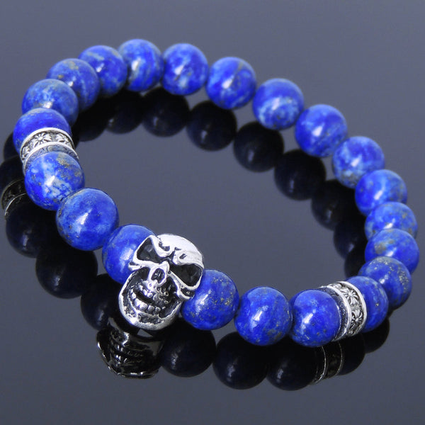 Men's Women Lapis Sterling Silver Skull Bracelet 925 Cross Spacer DiyNotion Handmade BR507