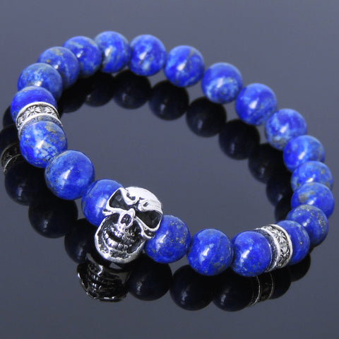 Men's Women Lapis Sterling Silver Skull Bracelet 925 Cross Spacer DiyNotion Handmade BR507