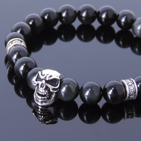 Men's Women Black Obsidian Sterling Silver Skull Bracelet 925 Cross Spacer DiyNotion Handmade BR503
