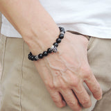 Men's Women Black Obsidian Sterling Silver Skull Bracelet 925 Cross Spacer DiyNotion Handmade BR503