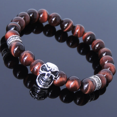 Men's Women Red Tiger Eye Sterling Silver Skull Bracelet 925 Cross Spacer DiyNotion Handmade BR506