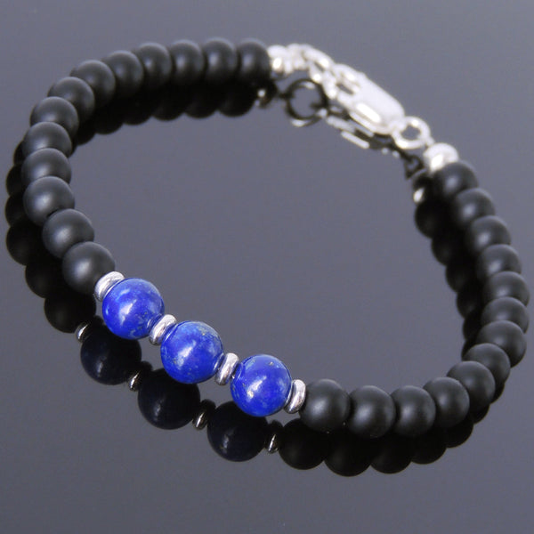 Men's Women Matte Black Onyx Lapis Sterling Silver Bracelet 925 Spacers & Clasp DiyNotion Handmade BR509