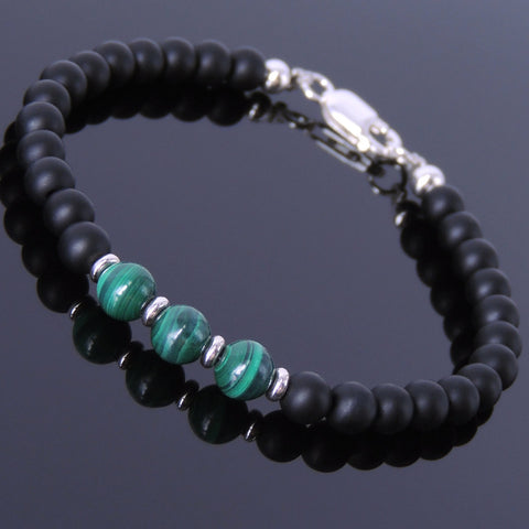 Men's Women Matte Black Onyx Malachite Sterling Silver Bracelet 925 Spacers & Clasp DiyNotion Handmade BR511