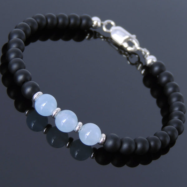 Men's Women Matte Black Onyx Aquamarine Sterling Silver Bracelet 925 Spacers & Clasp DiyNotion Handmade BR513