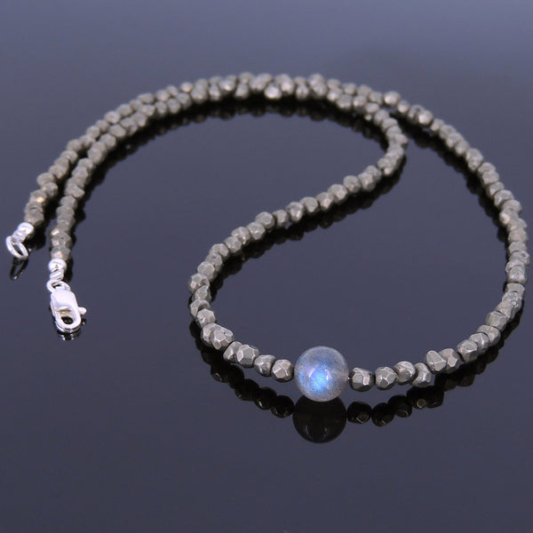 Men's Women Natural Pyrite Sterling Silver Necklace Gemstone 925 Beads Clasp DiyNoion Handmade NK041
