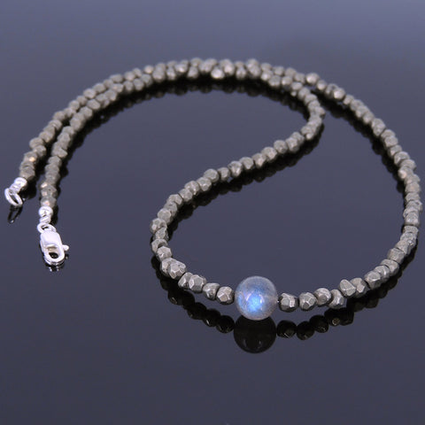 Men's Women Natural Pyrite Sterling Silver Necklace Gemstone 925 Beads Clasp DiyNoion Handmade NK041