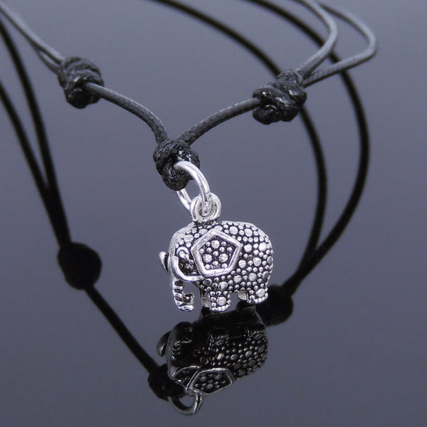 Men's Women Sterling Silver Necklace 925 Elephant Adjustable Wax Rope DiyNotion Handmade NK044