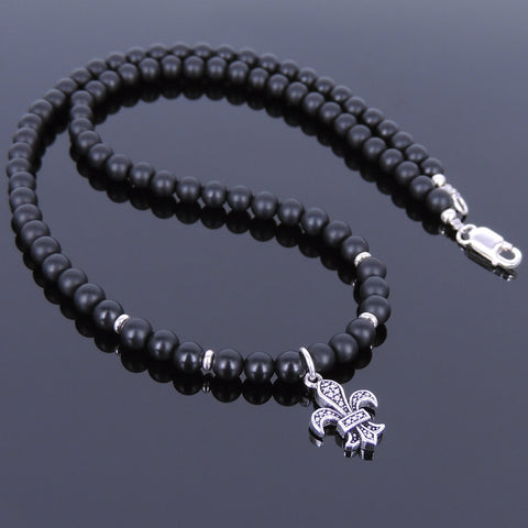 Men's Women Matte Black Onyx Sterling Silver Necklace Gemstone 925 Fleur de Lis Pendant DiyNoion Handmade NK039