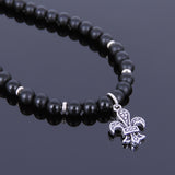 Men's Women Matte Black Onyx Sterling Silver Necklace Gemstone 925 Fleur de Lis Pendant DiyNoion Handmade NK039